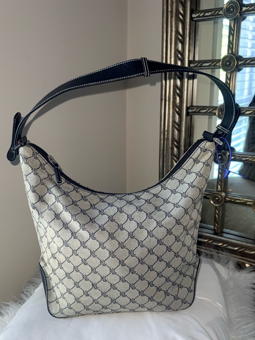 Vintage Lauren Ralph Lauren Gray Monogram Hobo Shoulder Bag